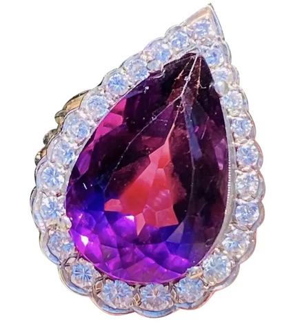 Vintage HUGE Platinum Gold Pear Amethyst Diamond Halo Ring