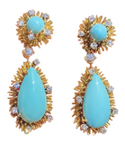Vintage Retro Midcentury 18k Gold Turquoise Diamond Dangle Pendant Earrings