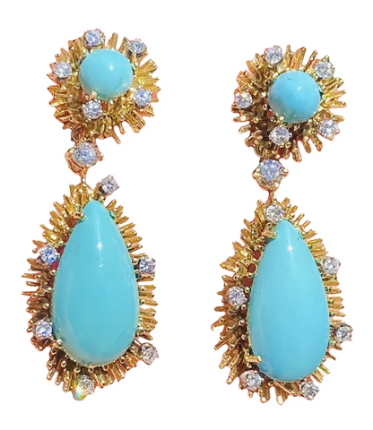 Vintage Retro Midcentury 18k Gold Turquoise Diamond Dangle Pendant Earrings