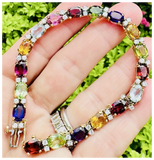 Vintage 14k Gold Rainbow Gemstone Diamond Line Tennis Bracelet