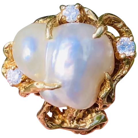 Vintage Arthur King Style 14k Gold Baroque Pearl G VS Diamond Cocktail Ring