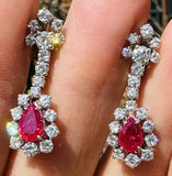 Fine Vintage Estate 18k Gold 4ct F/VS Ruby Diamond Drop Dangle Earrings
