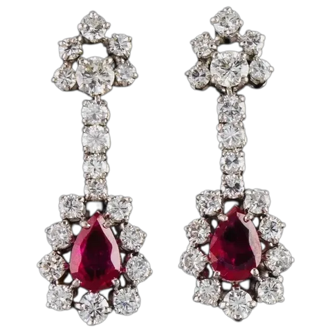 Fine Vintage Estate 18k Gold 4ct F/VS Ruby Diamond Drop Dangle Earrings