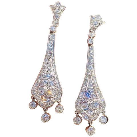 Vintage Art Deco Estate Platinum 4.50ct Pave Diamond Dangle Pendant Earrings