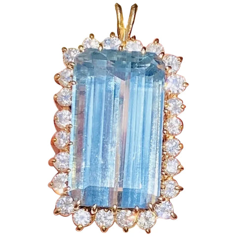 Vintage Large 14k Gold Blue Topaz 2.5ct Diamond Necklace Pendant