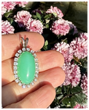 Vintage Midcentury 14k Gold Green Onyx Diamond Halo Necklace Pendant