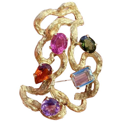 Vintage SEIDENGANG 18k Gold Tourmaline Aquamarine Gemstone Pendant Brooch