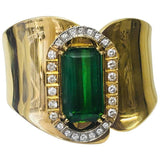 Retro Estate 18k Gold 21.75 ct Green Tourmaline VS Diamond Cuff Bangle Bracelet