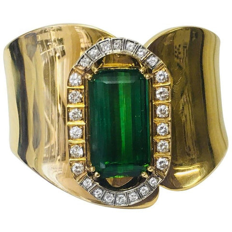 Retro Estate 18k Gold 21.75 ct Green Tourmaline VS Diamond Cuff Bangle Bracelet