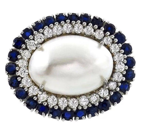 Vintage ESTATE 1940s ART DECO Mabe Pearl VVS G Diamond Sapphire Pendant 14k Gold