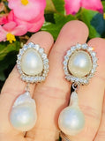 Striking 18k Gold Vintage South Sea Pearl 2.20ct VS Diamond Drop Earrings