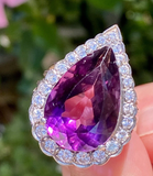 Vintage HUGE Platinum Gold Pear Amethyst Diamond Halo Ring