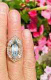 Vintage 18k Gold Aquamarine Ring-Dant Diamond Baguette Halo Ballerina Ring