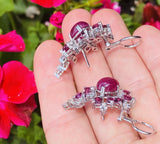 Vintage 1950s  18k Gold Ruby Cabachon VS Diamond Cluster Drop Earrings