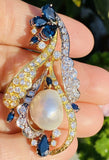 Vintage 1950 14k Gold 5ct VS Diamond Blue Sapphire Baroque Pearl Pendant Brooch