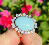 Vintage 14k Gold Robins Blue Turquoise Diamond Halo Cocktail Ring