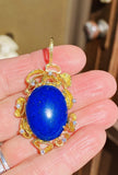 Vintage 1960s-70s Large Retro 18K Gold Lapis Lazuli Diamond Necklace Pendant
