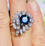 Vintage 1950s Estate Platinum 4ct Blue Sapphire Diamond Cluster Cocktail Ring