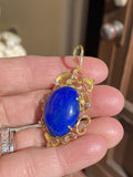 Vintage 1960s-70s Large Retro 18K Gold Lapis Lazuli Diamond Necklace Pendant