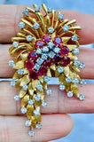 Vintage Art Deco French Heavy 18k Gold Ruby VS Diamond Brooch DES EN FRANCE