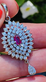 Vintage Estate 1950s 14k Gold E/F VS1 Diamond Halo Ruby Necklace Pendant Drop
