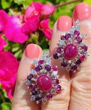 Vintage 1950s  18k Gold Ruby Cabachon VS Diamond Cluster Drop Earrings