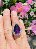 Vintage HUGE Platinum Gold Pear Amethyst Diamond Halo Ring
