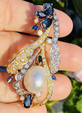 Vintage 1950 14k Gold 5ct VS Diamond Blue Sapphire Baroque Pearl Pendant Brooch