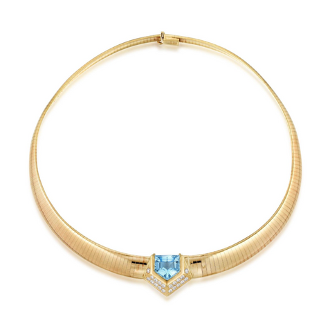 Estate Tubogas 18k Gold 9ct Blue Topaz VS Diamond Collar Choker Necklace 60g WOW