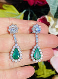 Vintage Estate 18k Gold 8.00ctw Emerald Diamond Halo Pear Dangle Drop Earrings