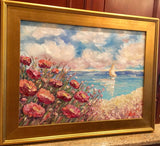 24x18” Mediterranean Seascape KADLIC Original Oil Painting Art Gold Frame