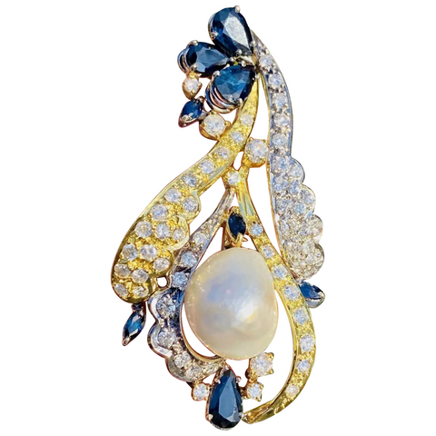 Vintage 1950 14k Gold 5ct VS Diamond Blue Sapphire Baroque Pearl Pendant Brooch