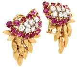 Vintage Estate 1940s Art Deco 3.70ct VS Diamond Ruby 18K Gold Cluster Earrings