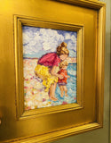KADLIC Original Oil Painting Impressionist Beach Mother Child Boy Gold Frame
