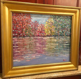 KADLIC Abstract Autumn Trees  Landscape Art Original Oil Painting Gold Frame 24”