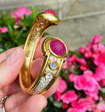 Vintage Estate Italian 18k Gold Pink Tourmaline Moonstone Diamond Cuff Bracelet