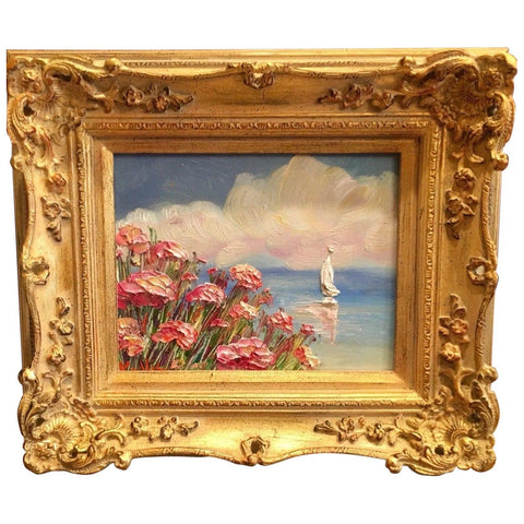 KADLIC French Pink Poppies Seascape Sailboats Gilt Gold Wood Frame 8x10”
