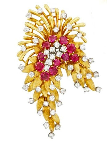 Vintage Art Deco French Heavy 18k Gold Ruby VS Diamond Brooch DES EN FRANCE