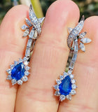 Vintage 18k Gold Royal Blue Sapphire G-H VS Diamond Dangle Drop Pendant Earrings