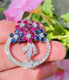 Vintage Art Deco 1940s 14k Gold Ruby Sapphire Diamond Brooch Pin Pendant