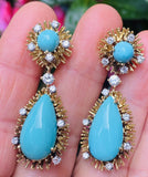Vintage Retro Midcentury 18k Gold Turquoise Diamond Dangle Pendant Earrings