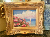 KADLIC French Pink Poppies Seascape Sailboats Gilt Gold Wood Frame 8x10”