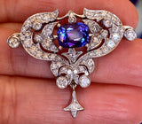 Vintage Midcentury Art Deco 18k Gold Tanzanite Diamond Clip Pin Brooch Pendant