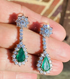 Vintage Estate 18k Gold 8.00ctw Emerald Diamond Halo Pear Dangle Drop Earrings