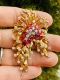 Vintage Art Deco French Heavy 18k Gold Ruby VS Diamond Brooch DES EN FRANCE