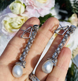 Vintage 1950s 14k Gold South Seas Pearl 3.0ct VS Diamond Dangle Pendant Earrings