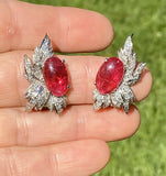 Retro 1950s Ruby Red Pink Tourmaline Diamond 14k Gold Drop Earrings $8k