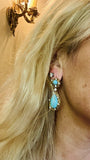 Vintage Retro Midcentury 18k Gold Turquoise Diamond Dangle Pendant Earrings