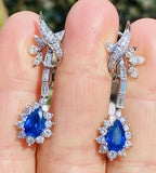 Vintage 18k Gold Royal Blue Sapphire G-H VS Diamond Dangle Drop Pendant Earrings