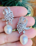 Vintage Estate 14k Gold Cultured Pearl G VS Diamond Drop Dangle Pendant Earrings